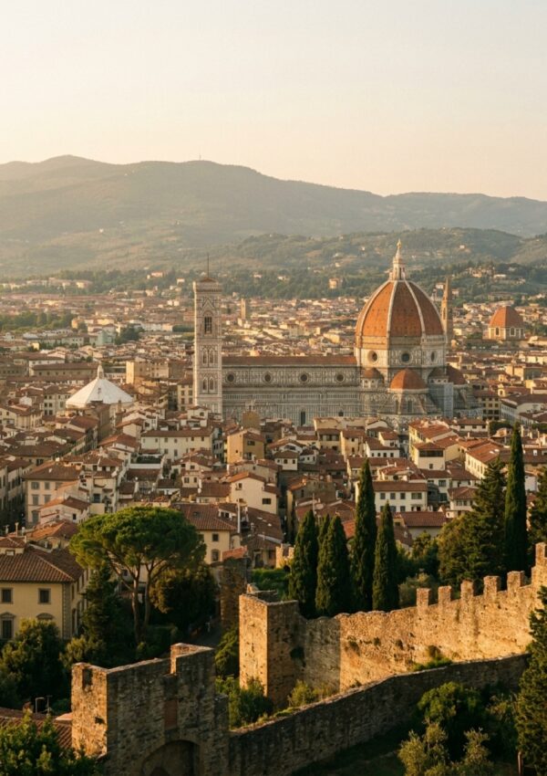 The Duomo of Florence and the city rooftops seen from the hills at golden hour