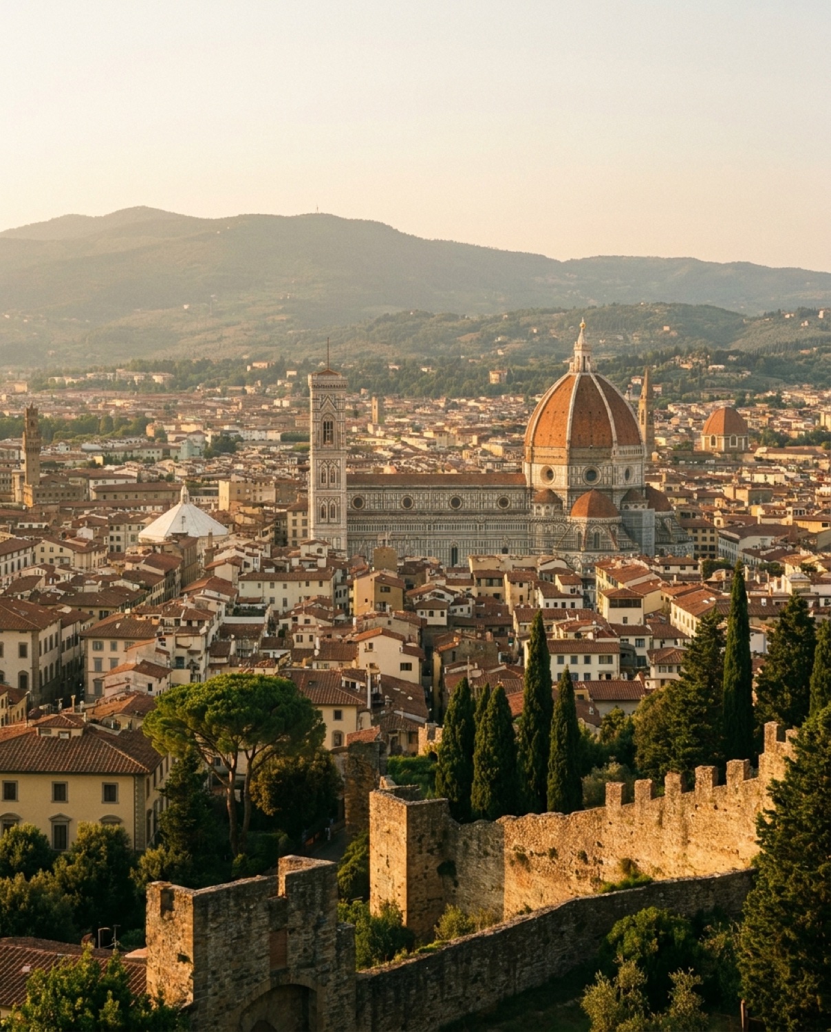 The Duomo of Florence and the city rooftops seen from the hills at golden hour