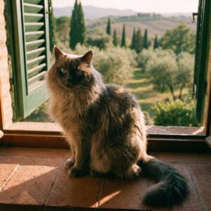 A long-haired grey cat sitting on a sunlit windowsill with a Tuscan view