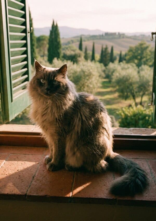 A long-haired grey cat sitting on a sunlit windowsill with a Tuscan view