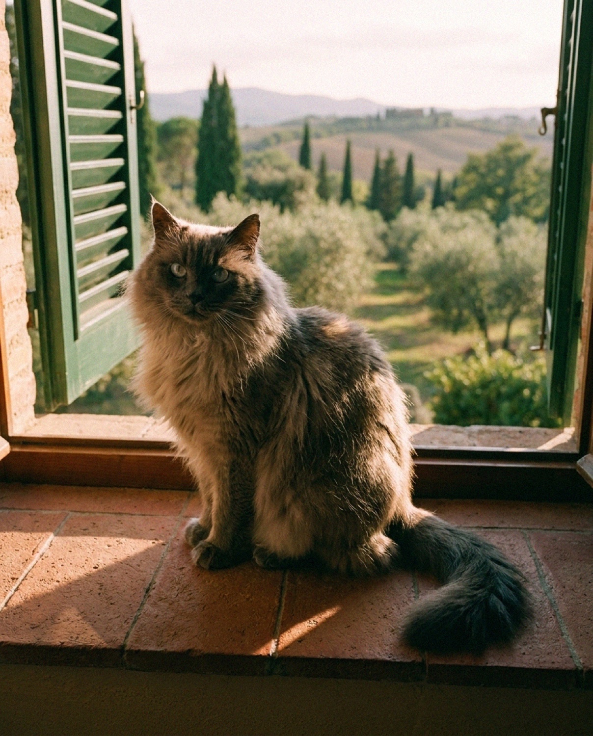 A long-haired grey cat sitting on a sunlit windowsill with a Tuscan view