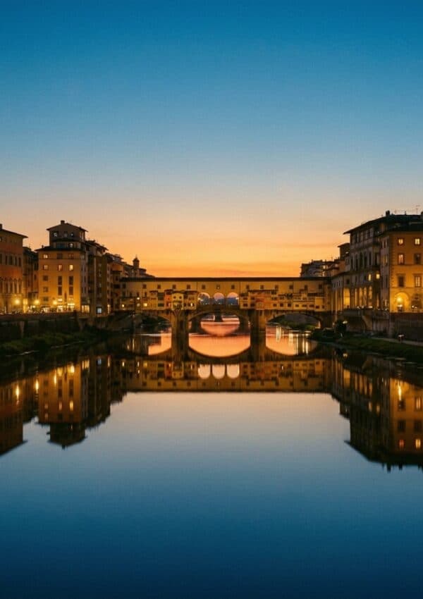 The Ponte Vecchio reflected in the Arno at dusk in Florence