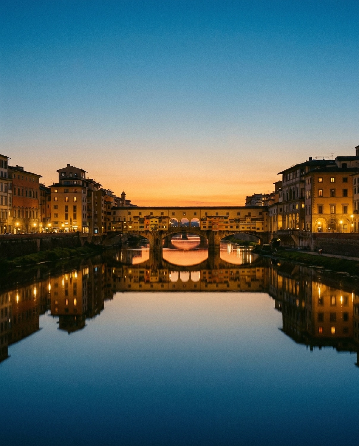The Ponte Vecchio reflected in the Arno at dusk in Florence