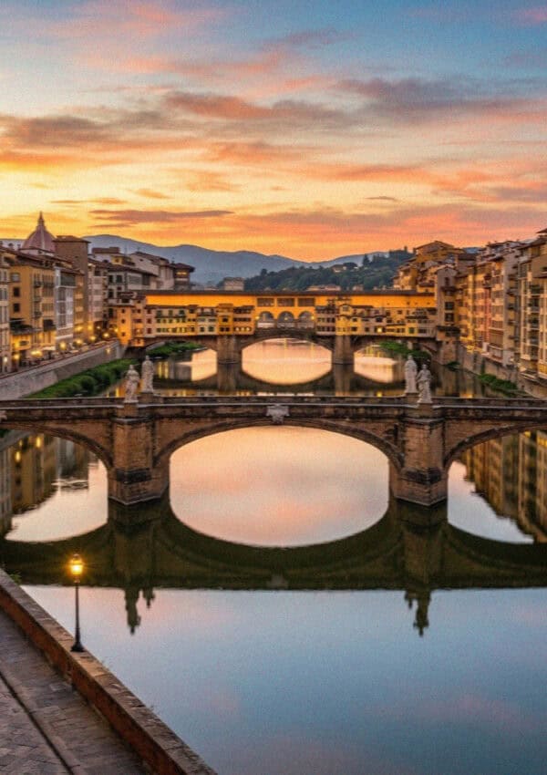 The Ponte Vecchio over the Arno in Florence at sunset