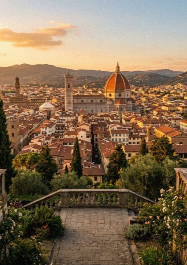 Florence rooftops and the Duomo from the Rose Garden at sunset