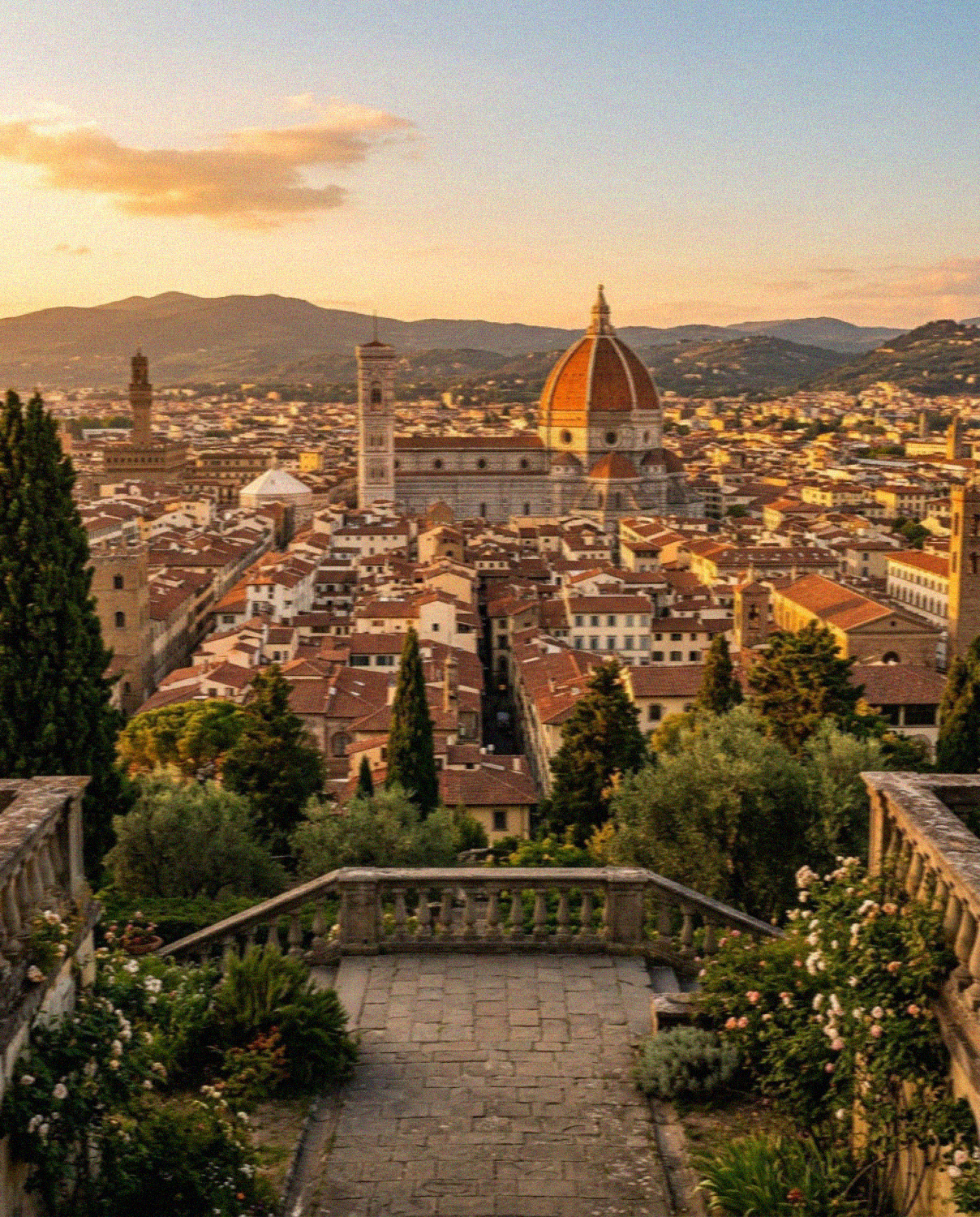 Florence rooftops and the Duomo from the Rose Garden at sunset