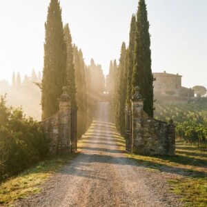 A cypress-lined gravel drive to a Tuscan villa above Florence at golden hour