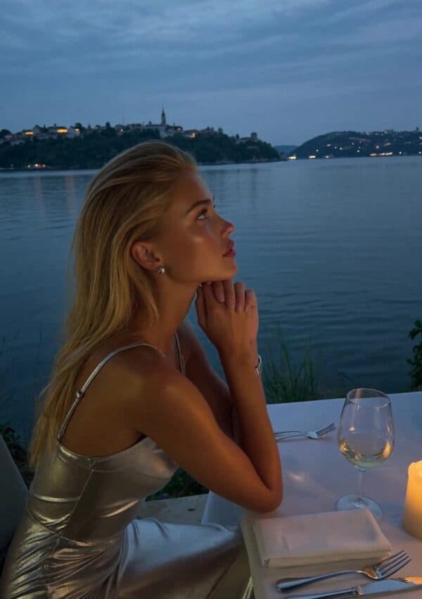 A candlelit lakeside dinner at dusk overlooking Lake Maggiore