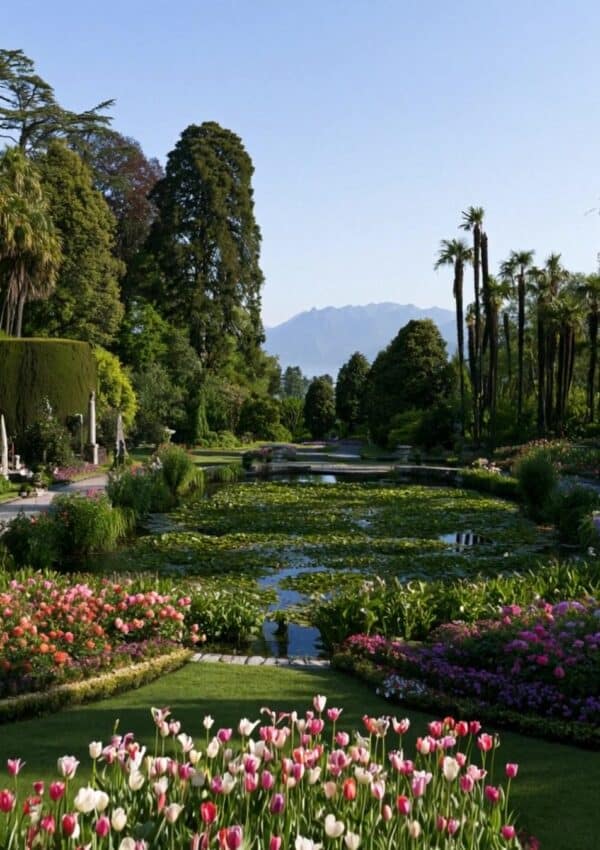 The spring tulip beds and terraced gardens of Villa Taranto at Pallanza on Lake Maggiore
