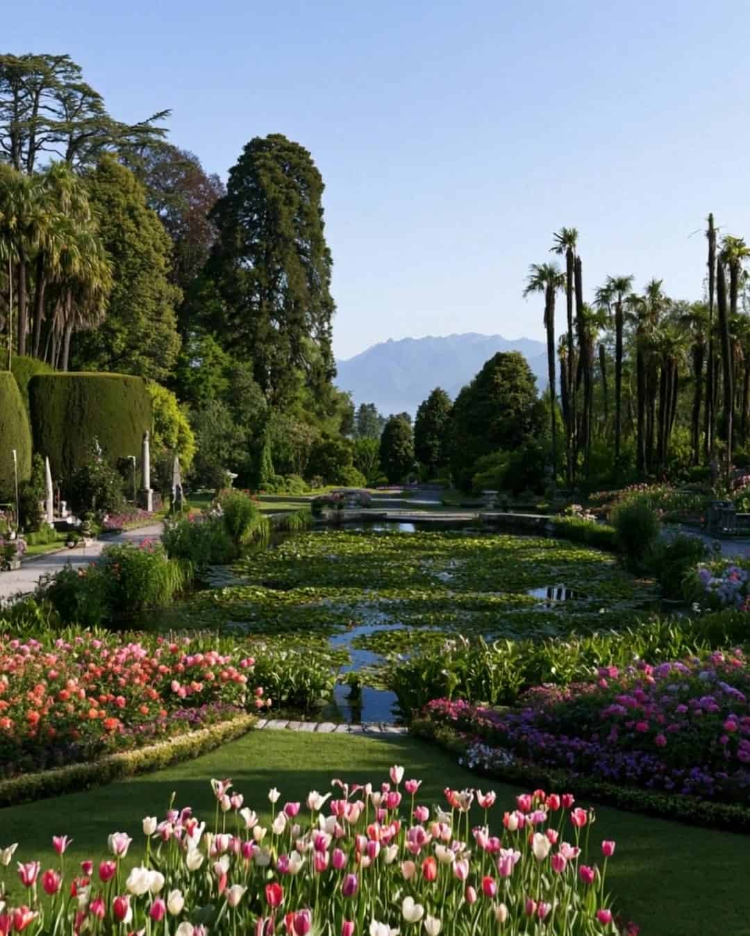 The spring tulip beds and terraced gardens of Villa Taranto at Pallanza on Lake Maggiore