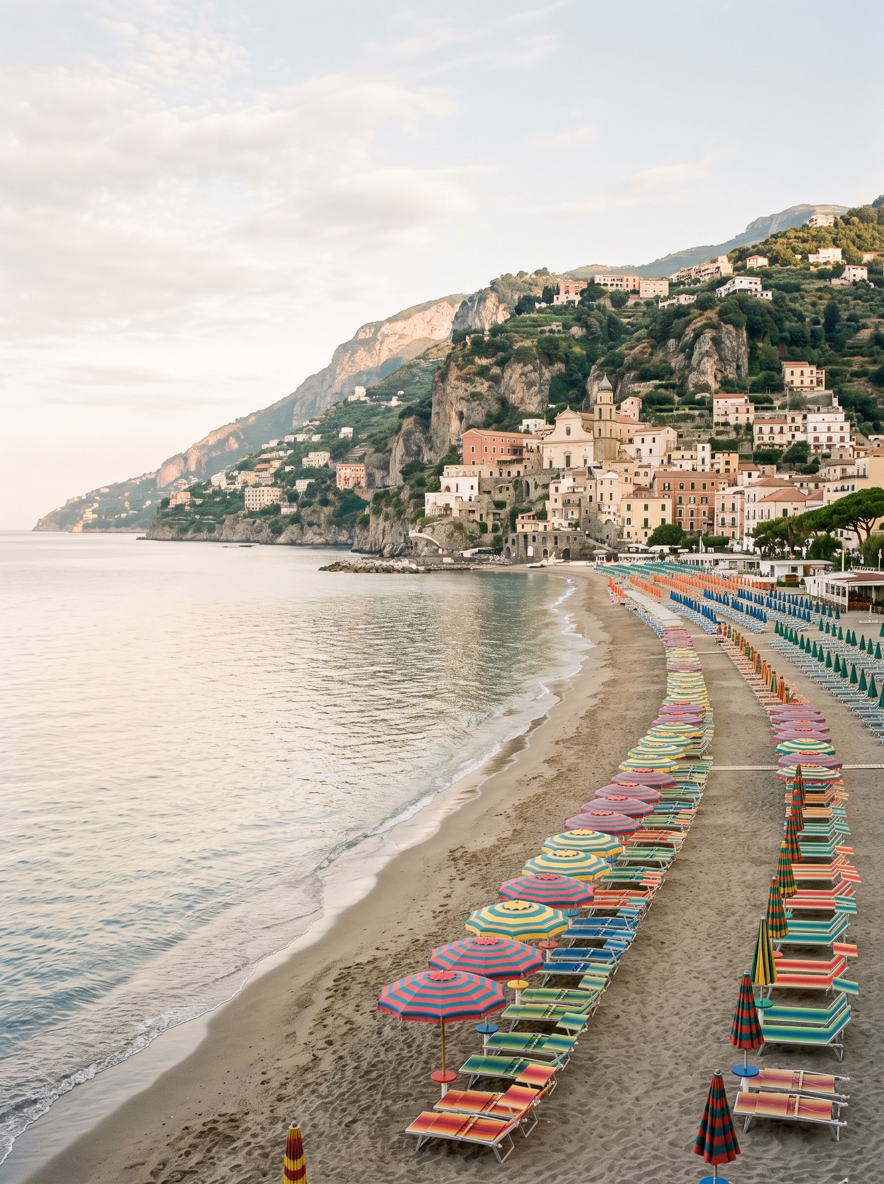 Rows of colorful striped umbrellas and empty sunbeds on Maiori's long sandy beach at early morning