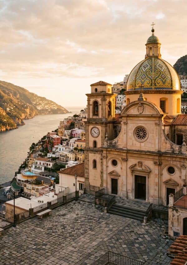 The majolica tiled dome of Maiori's Collegiata di Santa Maria a Mare catching golden hour light above the piazza