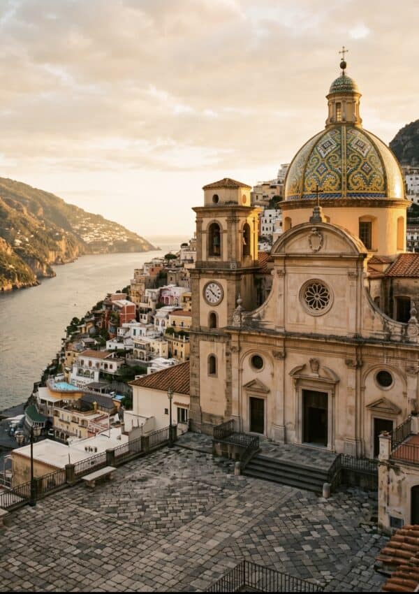 The majolica tiled dome of Maiori's Collegiata di Santa Maria a Mare catching golden hour light above the piazza