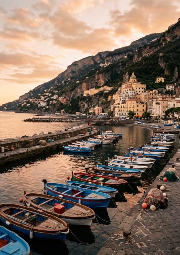 Wooden fishing boats moored along Maiori's marina at golden hour with the hillside town glowing above the water