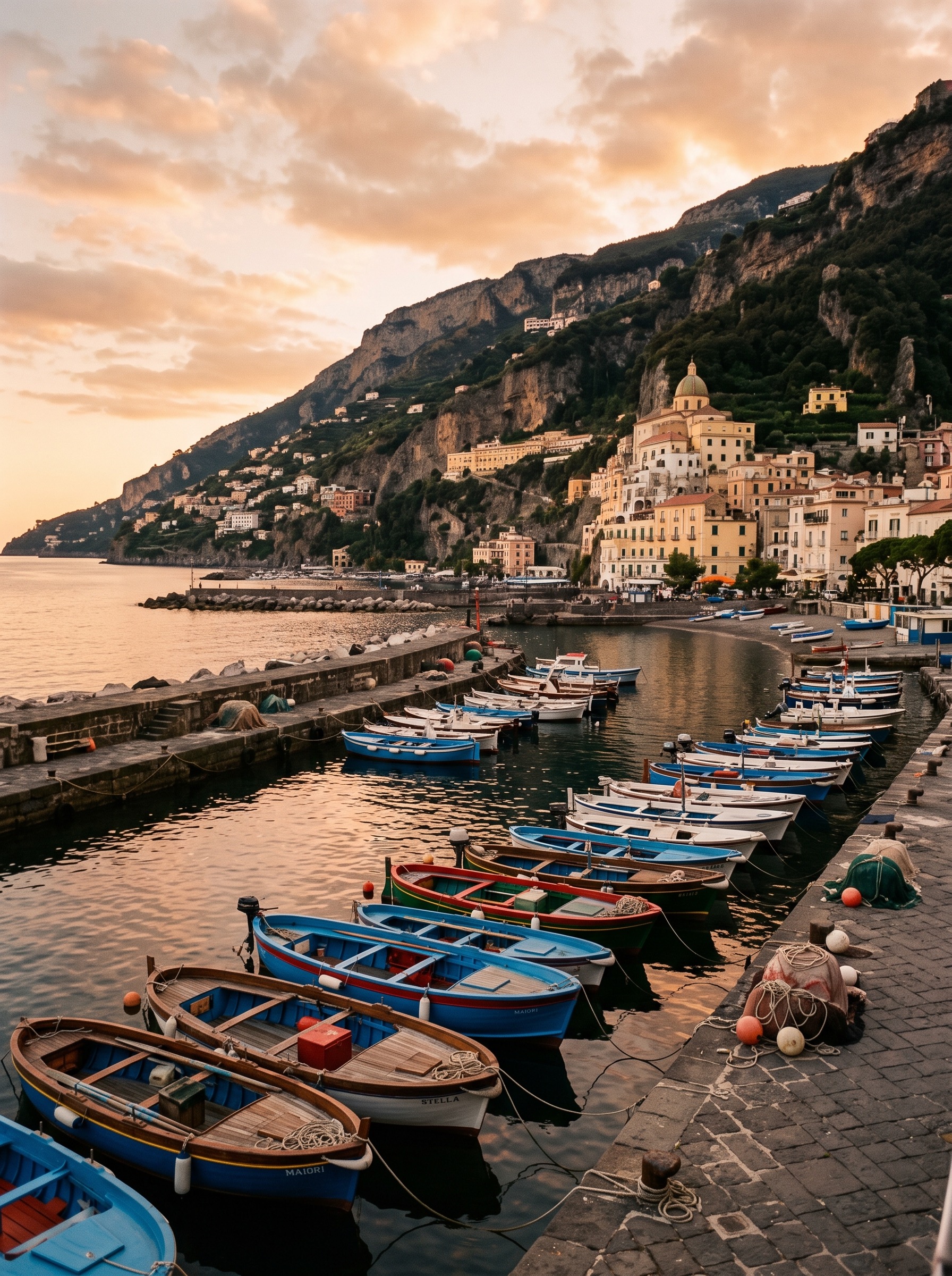 Wooden fishing boats moored along Maiori's marina at golden hour with the hillside town glowing above the water