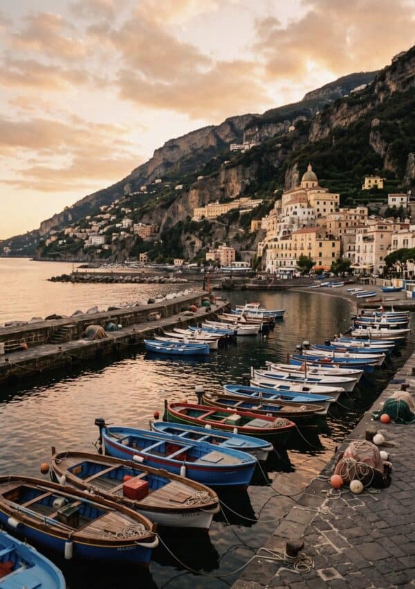 Wooden fishing boats moored along Maiori's marina at golden hour with the hillside town glowing above the water