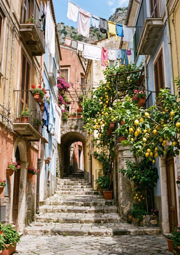 A narrow alley in Maiori's old town with laundry lines overhead