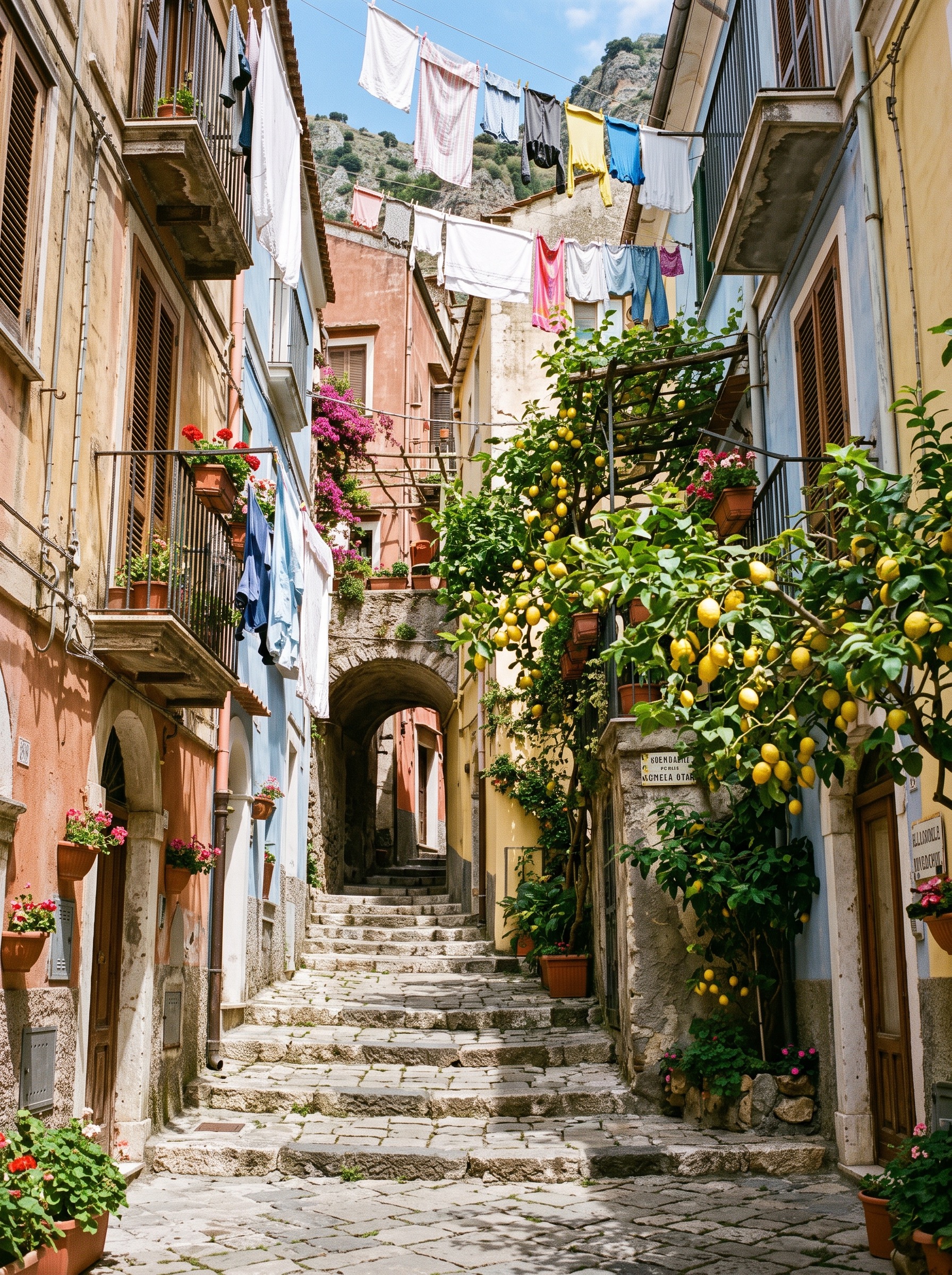 A narrow alley in Maiori's old town with laundry lines overhead