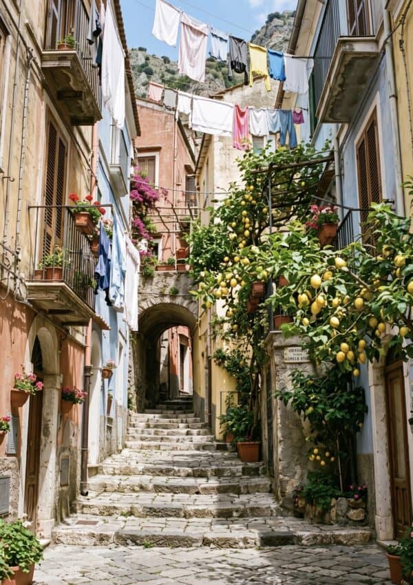 A narrow alley in Maiori's old town with laundry lines overhead