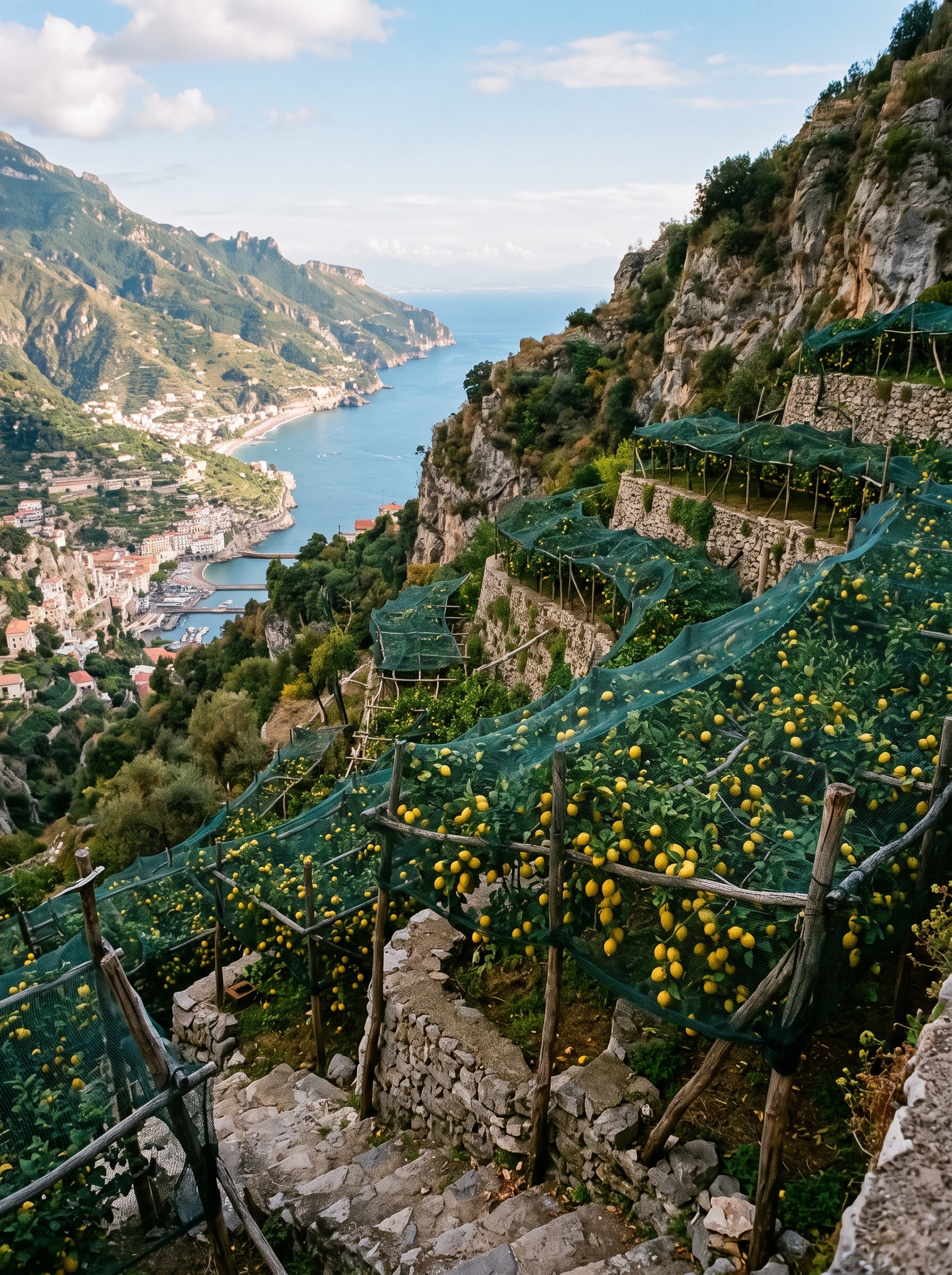 Terraced lemon groves climbing the steep hillside above Maiori with the sea and town visible far below