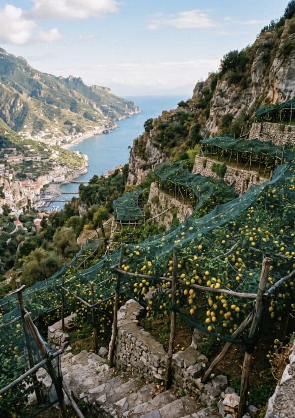 Terraced lemon groves climbing the steep hillside above Maiori with the sea and town visible far below