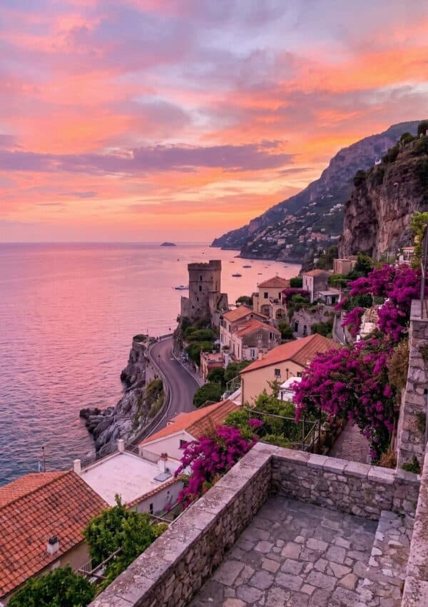 Sunset view of a medieval watchtower near Maiori on the Amalfi Coast, framed by cascading bougainvillea in pink and orange