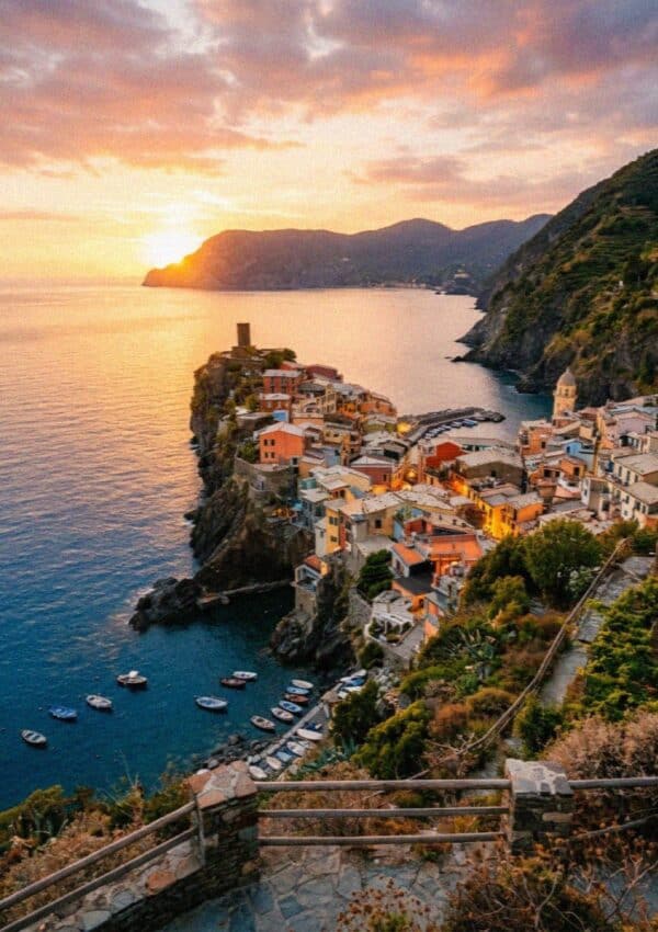 The village of Manarola in Cinque Terre at sunset seen from the Punta Bonfiglio viewpoint