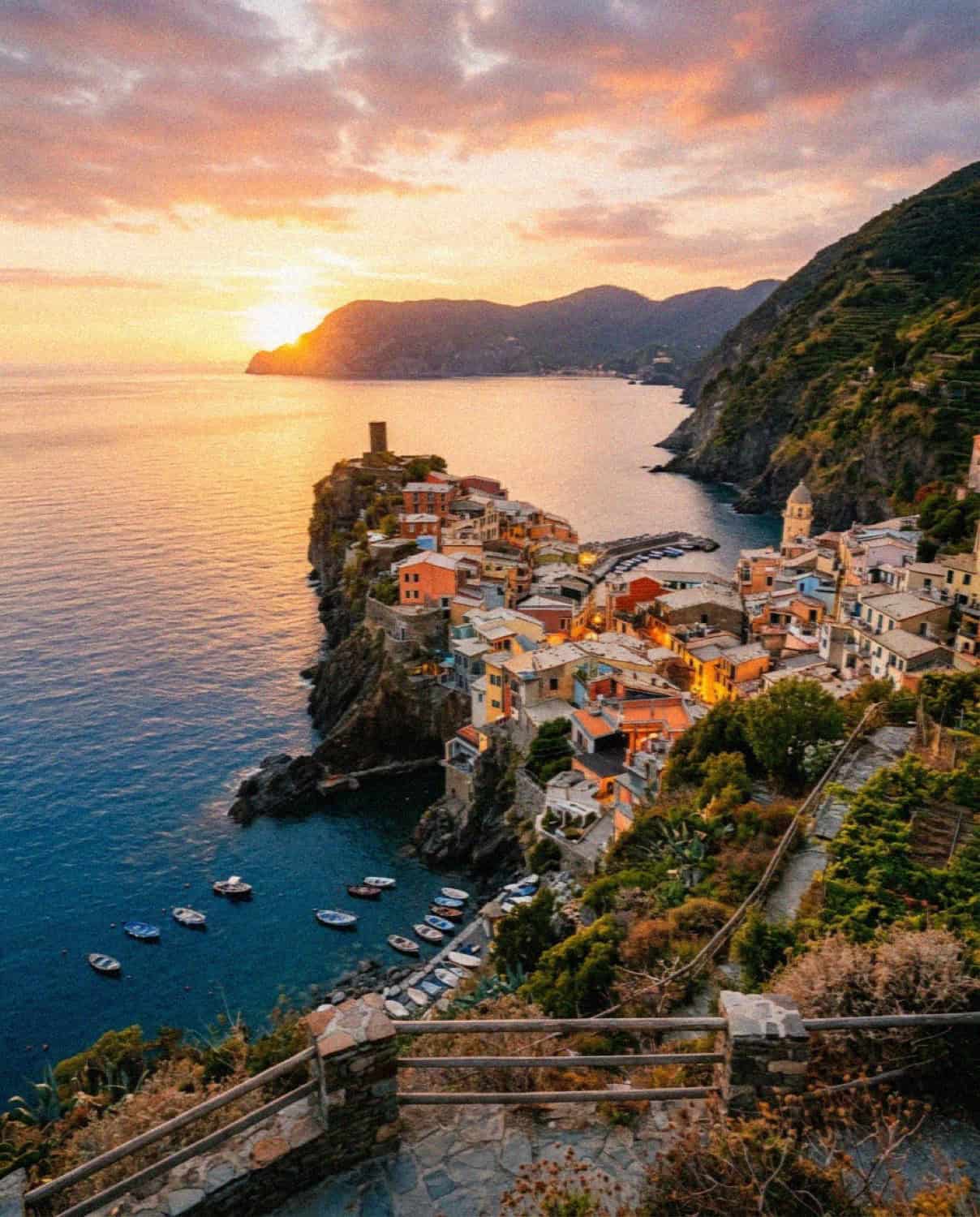 The village of Manarola in Cinque Terre at sunset seen from the Punta Bonfiglio viewpoint