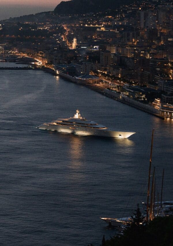 Victoria Van Der Berg on a yacht above the Monaco Grand Prix circuit