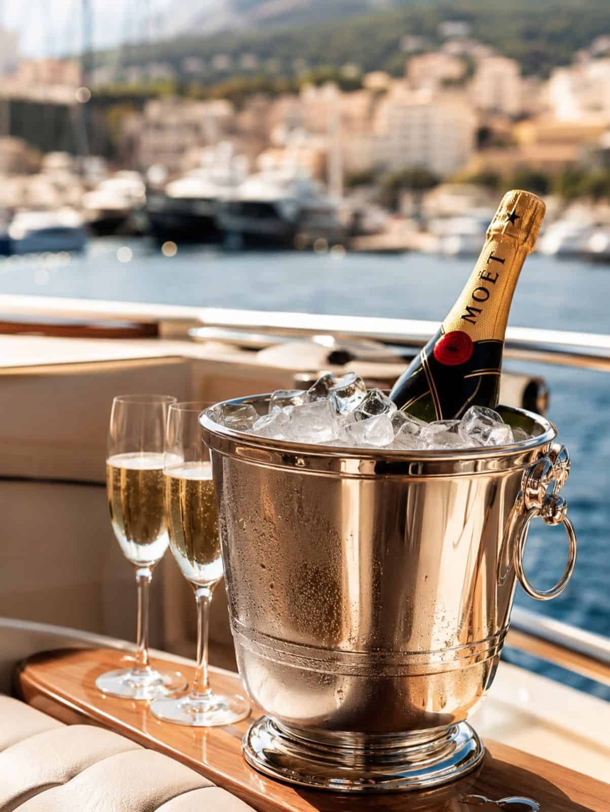 Champagne chilling on a yacht deck in Port Hercule