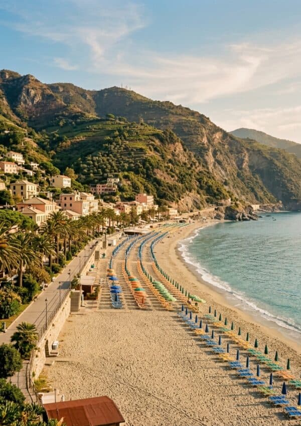 Rows of colourful umbrellas along Fegina beach at Monterosso al Mare Cinque Terre