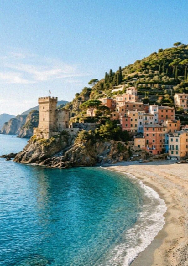 The old town beach and headland tower of Monterosso al Mare at dusk Cinque Terre
