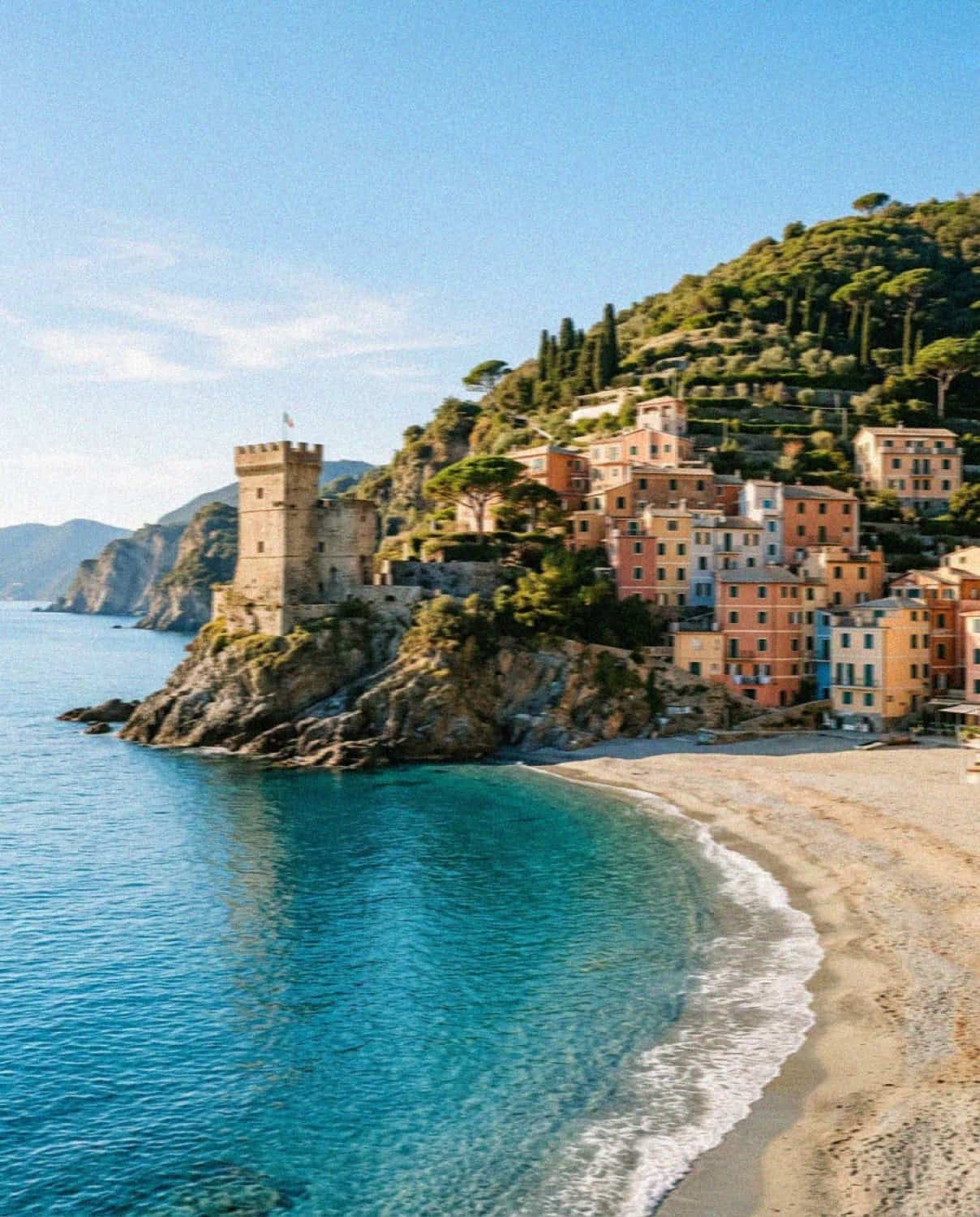 The old town beach and headland tower of Monterosso al Mare at dusk Cinque Terre