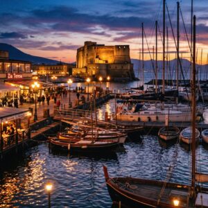 The little harbour of Borgo Marinari in Naples at blue hour with fishing boats and Castel dell Ovo lit up gold behind them