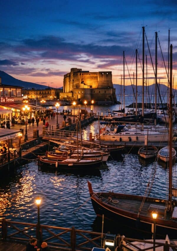 The little harbour of Borgo Marinari in Naples at blue hour with fishing boats and Castel dell Ovo lit up gold behind them