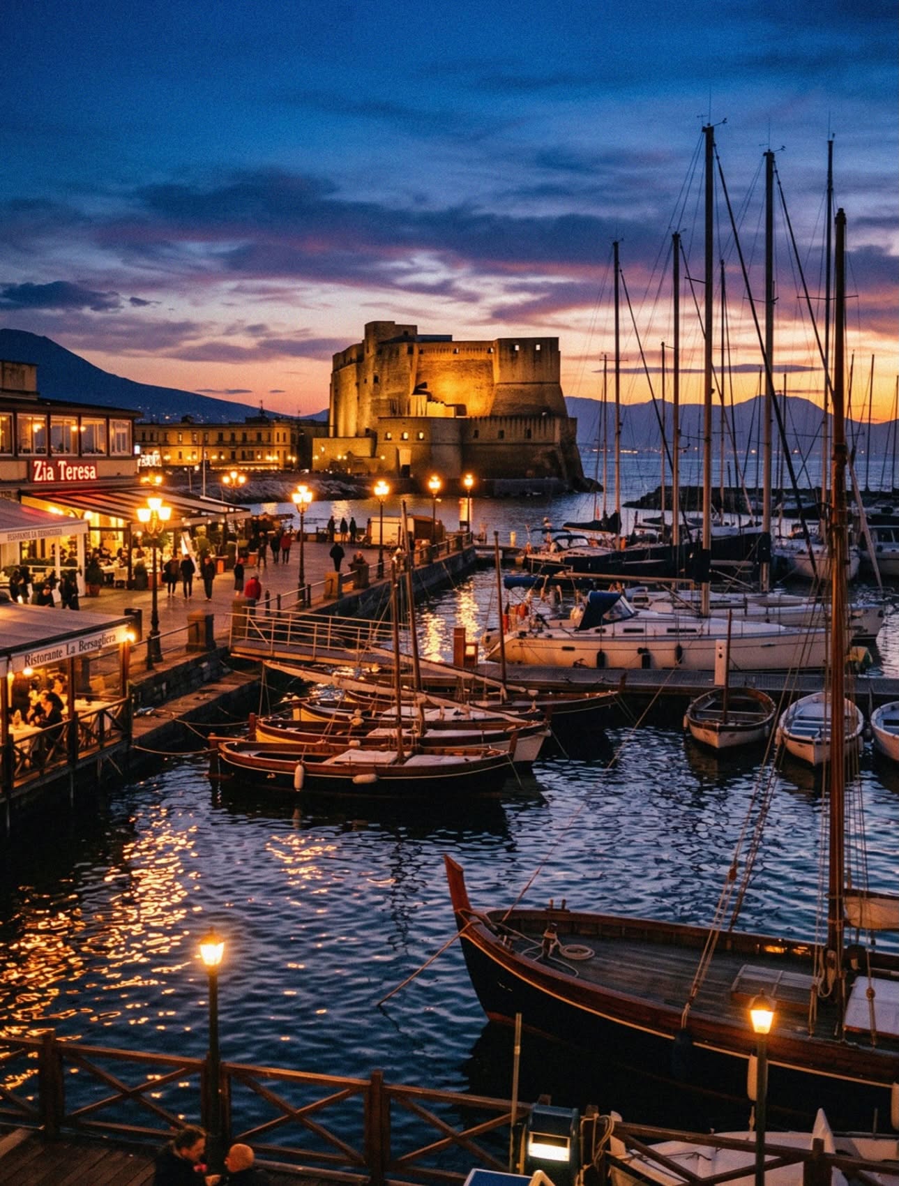 The little harbour of Borgo Marinari in Naples at blue hour with fishing boats and Castel dell Ovo lit up gold behind them