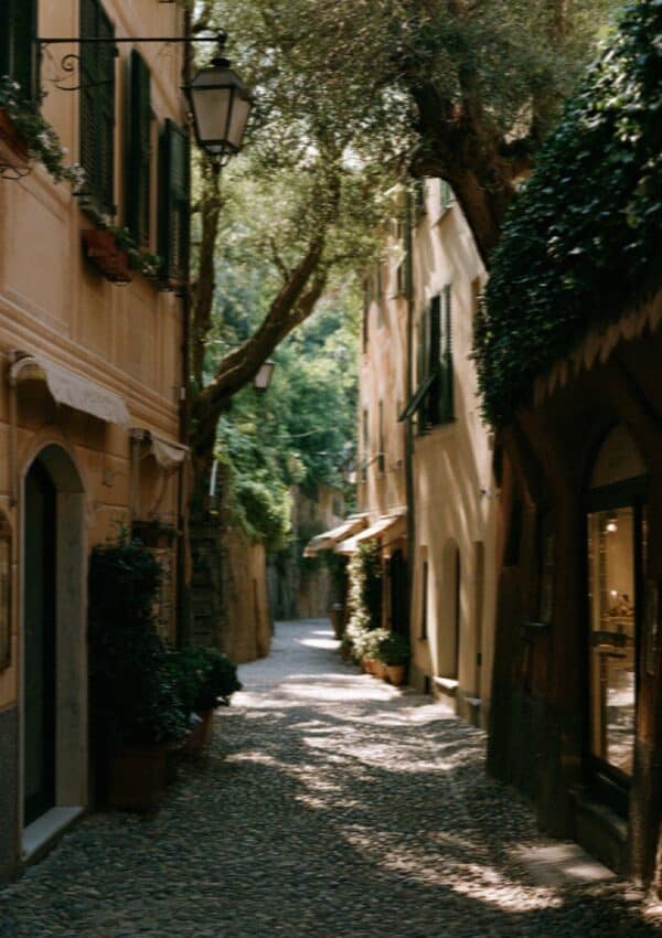 A narrow Portofino caruggi lane lined with shops