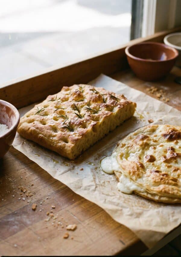 Ligurian focaccia and cheese-oozing focaccia di Recco on parchment paper