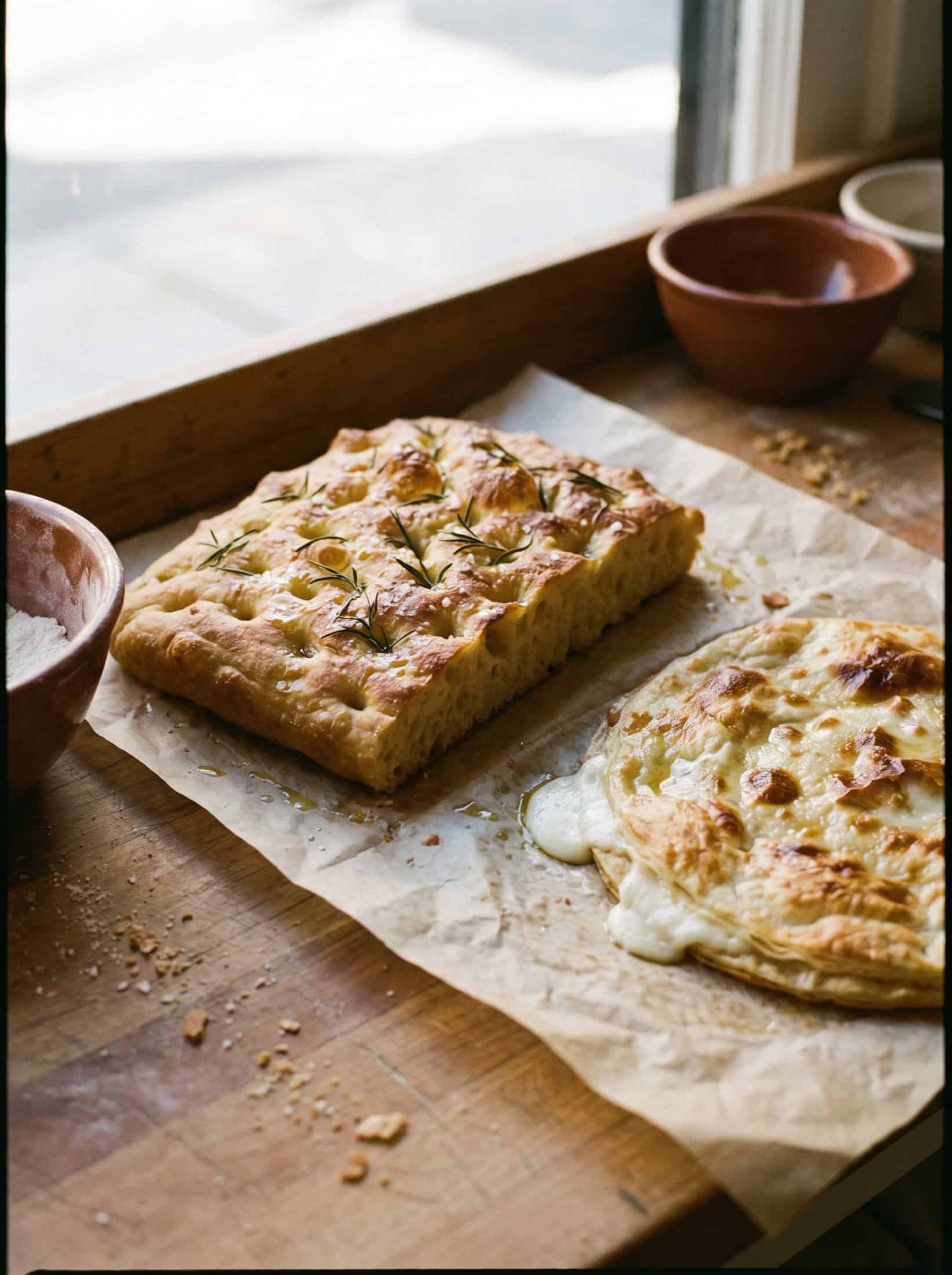 Ligurian focaccia and cheese-oozing focaccia di Recco on parchment paper