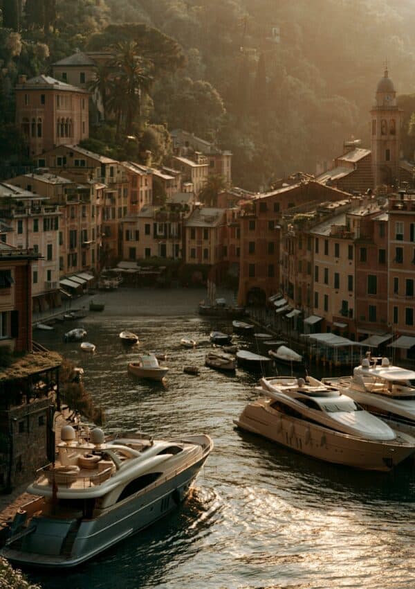 Golden hour aerial of the Portofino harbour and yachts