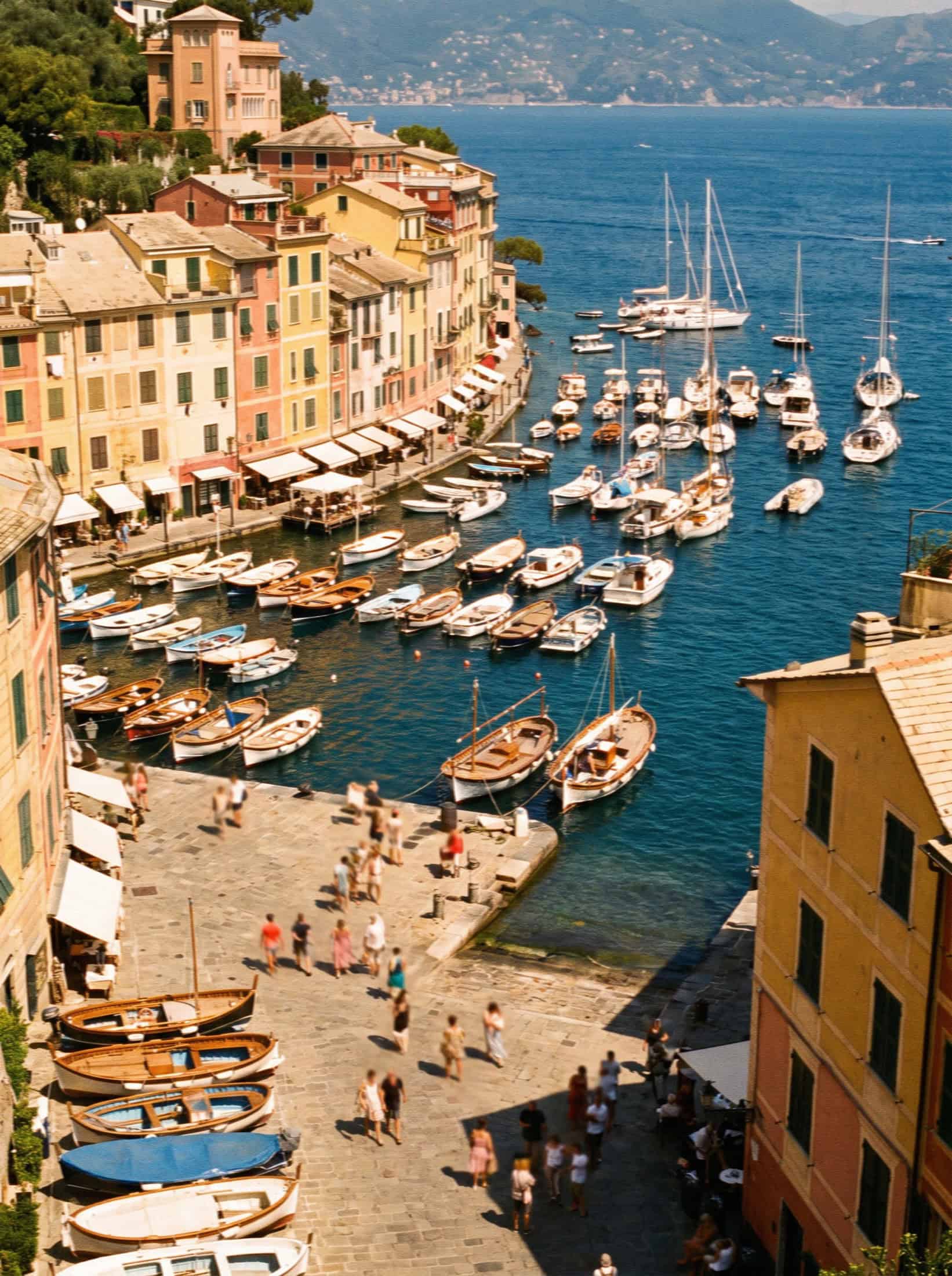 The Portofino harbour packed with boats and summer visitors at peak August midday