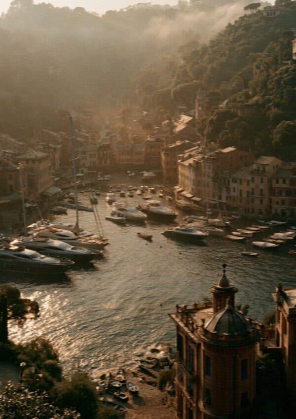 The Portofino harbour and piazzetta from above at sunset