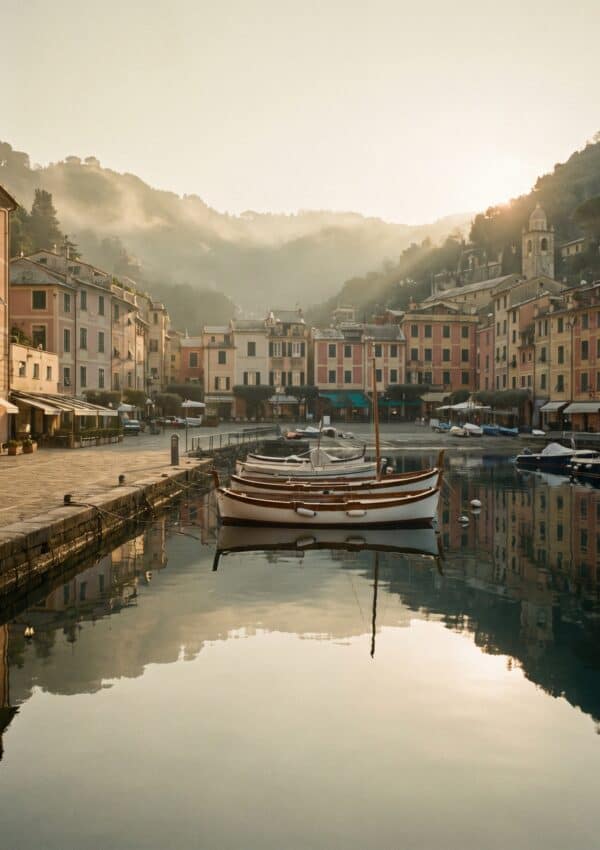 The still Portofino harbour mirroring the pastel houses on a quiet winter morning
