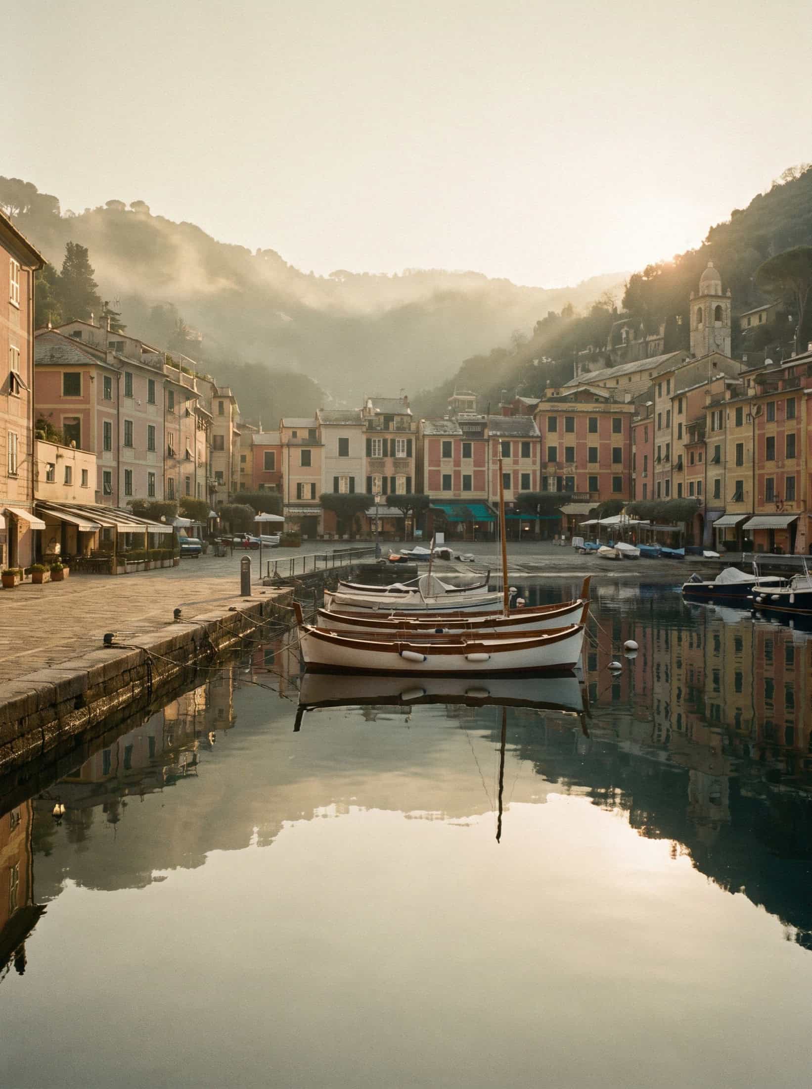 The still Portofino harbour mirroring the pastel houses on a quiet winter morning