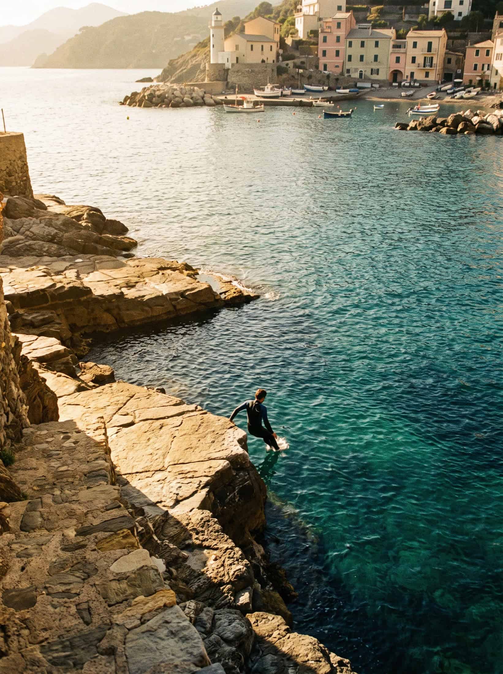 A swimmer entering the clear turquoise water off the rock ledges below the Portofino coast
