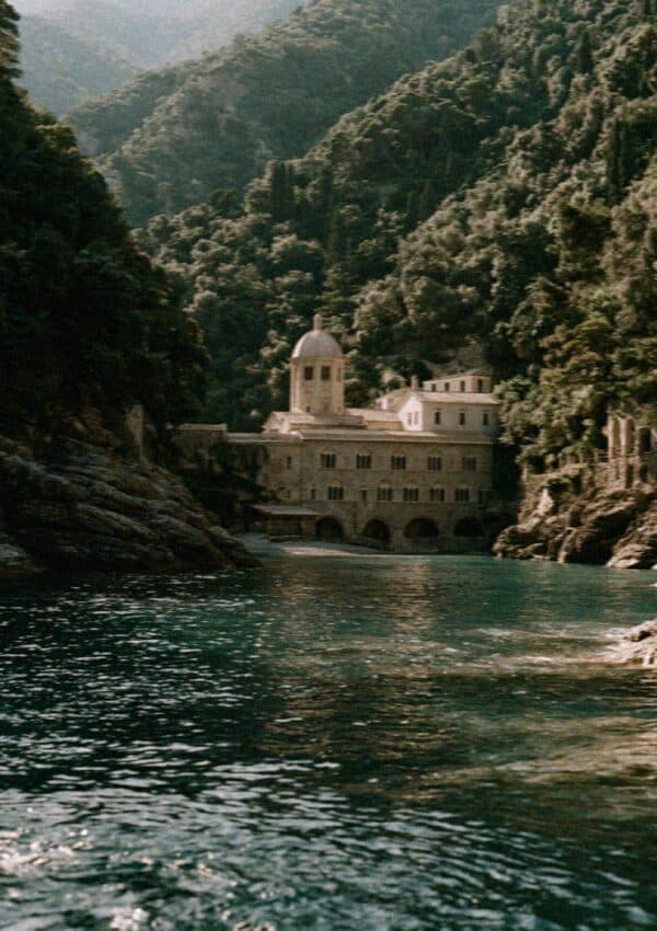 The Benedictine abbey of San Fruttuoso seen from the water in its cove near Portofino