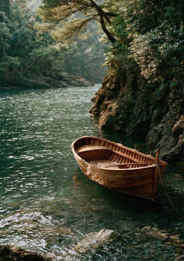 A wooden boat moored in a quiet cove of clear green water beneath the cliffs near Portofino