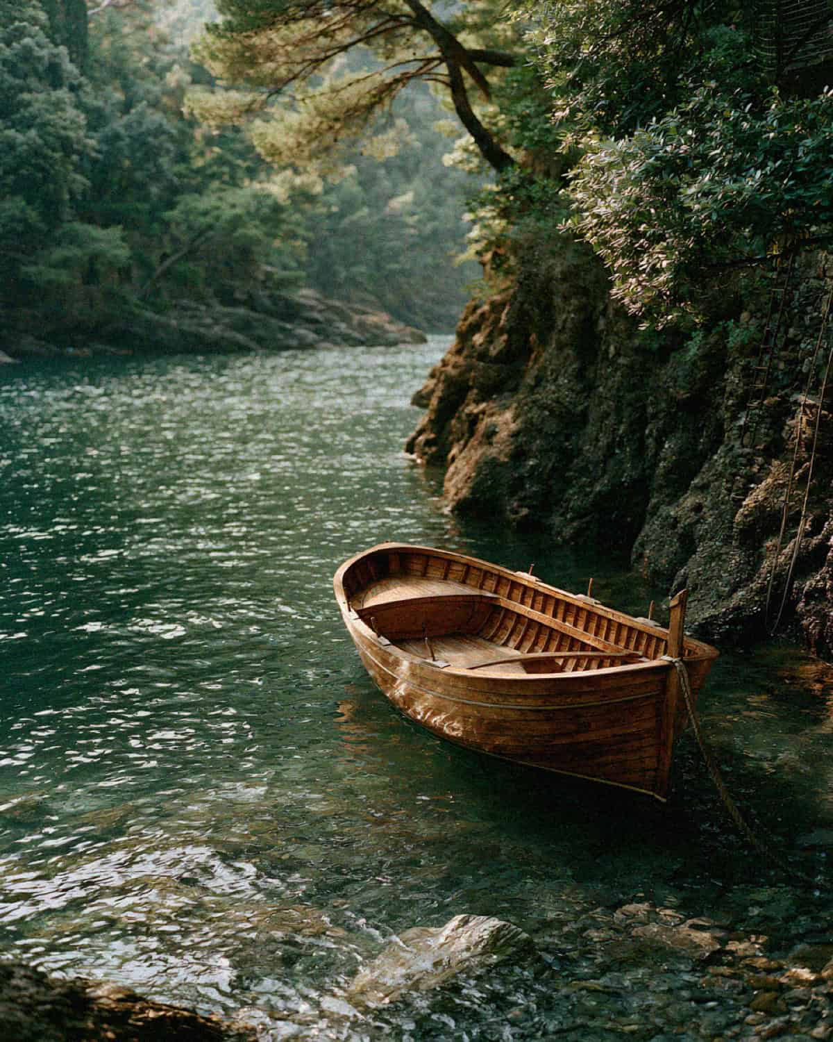 A wooden boat moored in a quiet cove of clear green water beneath the cliffs near Portofino