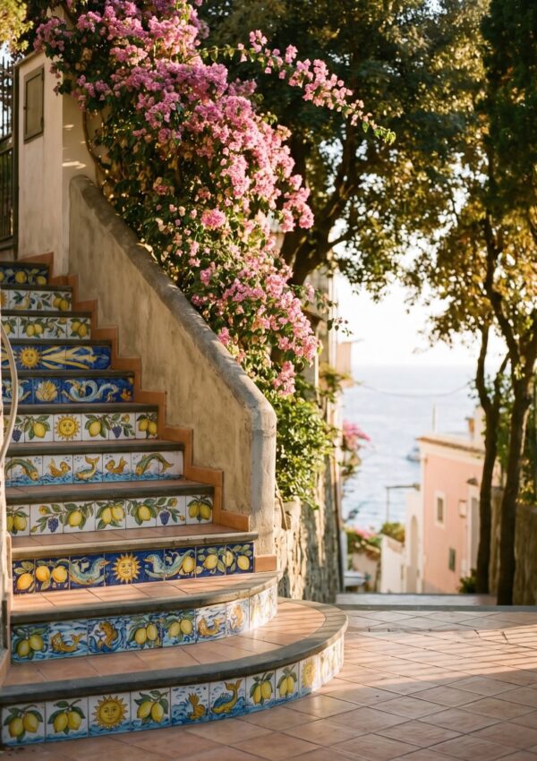 A hand painted ceramic tiled staircase in Positano decorated with lemon motifs and framed by pink bougainvillea