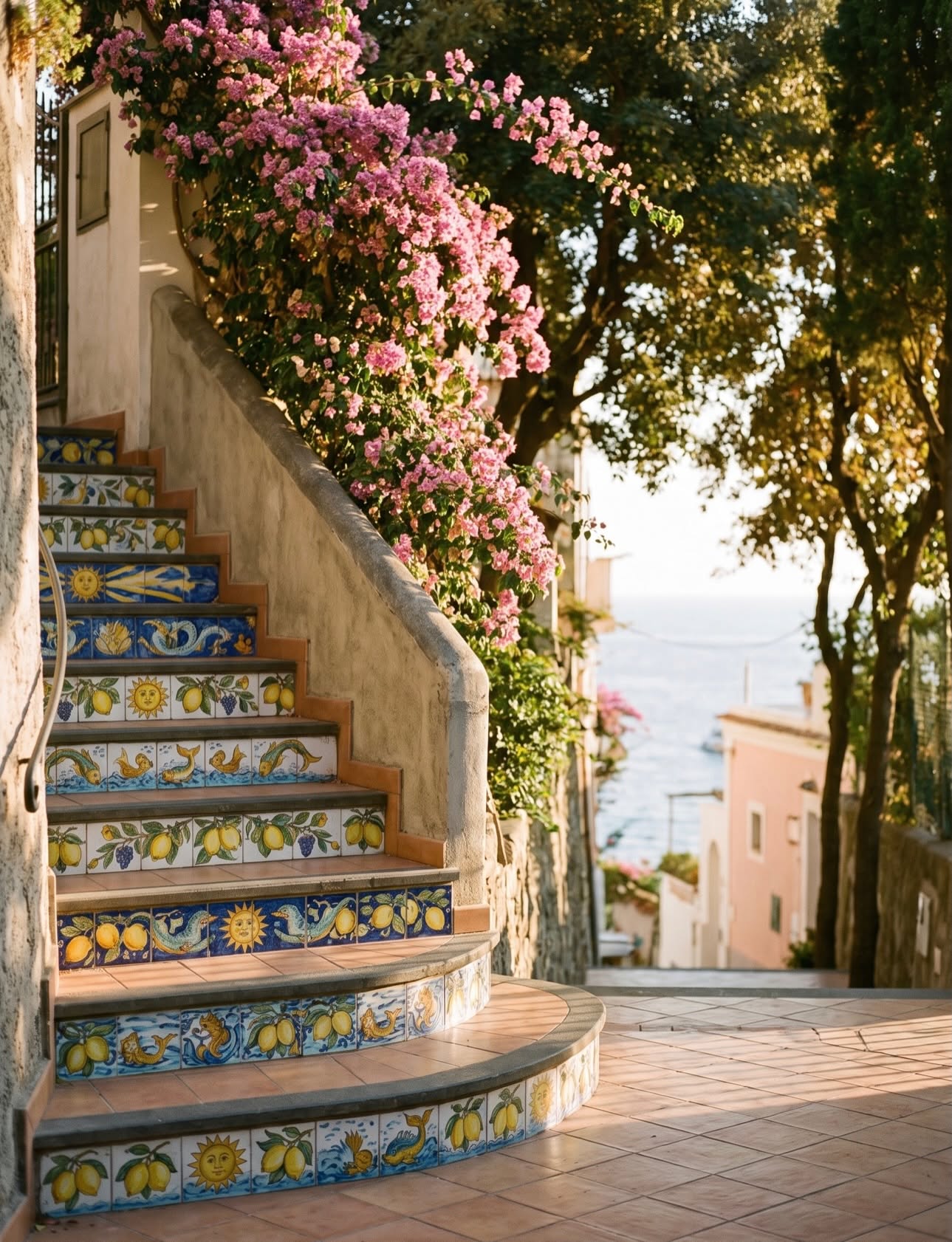 A hand painted ceramic tiled staircase in Positano decorated with lemon motifs and framed by pink bougainvillea